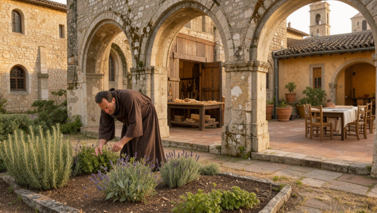 Abbaye bénédictine italienne en pierre avec cloître silencieux, jardin d’herbes et moine entretenant les plantes dans la lumière dorée du matin.