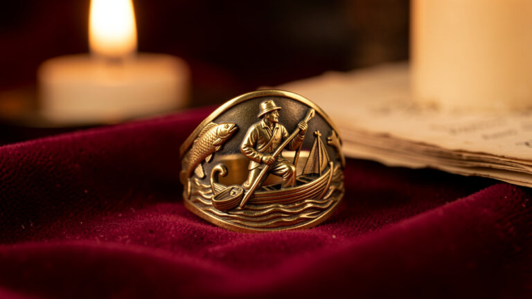 Anello cerimoniale dorato ispirato all’Anello del Pescatore, decorato con la figura di un pescatore e adagiato su velluto cremisi in un’atmosfera storica e raffinata.