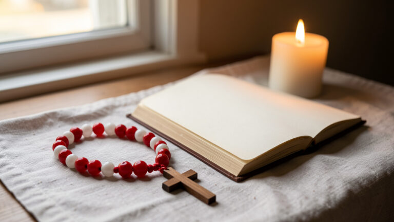 Chapelet de prière rouge et blanc avec petite croix en bois, posé près d’un livret ouvert aux pages vierges et d’une bougie allumée.
