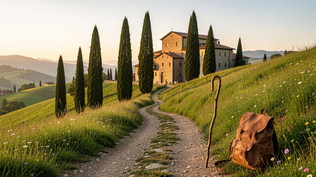 Chemin de pèlerinage paisible à travers les collines verdoyantes d’Italie menant vers un ancien monastère en pierre.