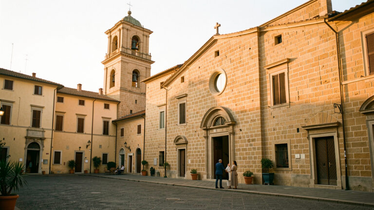 Facciata storica della Chiesa di San Giacomo di Rupinaro illuminata dalla luce dorata del tramonto, con un uomo e una donna nel tranquillo cortile d'ingresso.