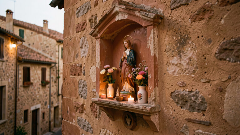 Piccola edicola votiva italiana incastonata in un antico muro del borgo, decorata con una figura della Madonna, fiori e candele, illuminata dalla luce calda del crepuscolo.