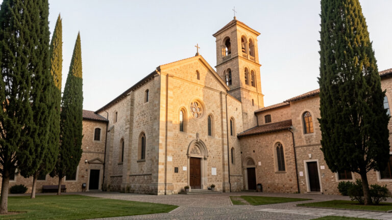 Vue extérieure paisible de la paroisse Saint-Jacques-hors-les-Murs, avec sa façade historique en pierre, son clocher et ses cyprès baignés par la lumière du matin.