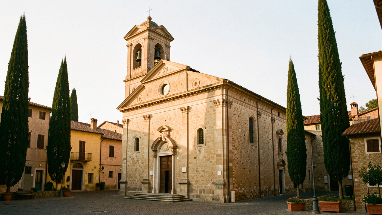Église historique Saint-Jacques en pierre, éclairée par la lumière dorée du coucher du soleil dans un village italien.