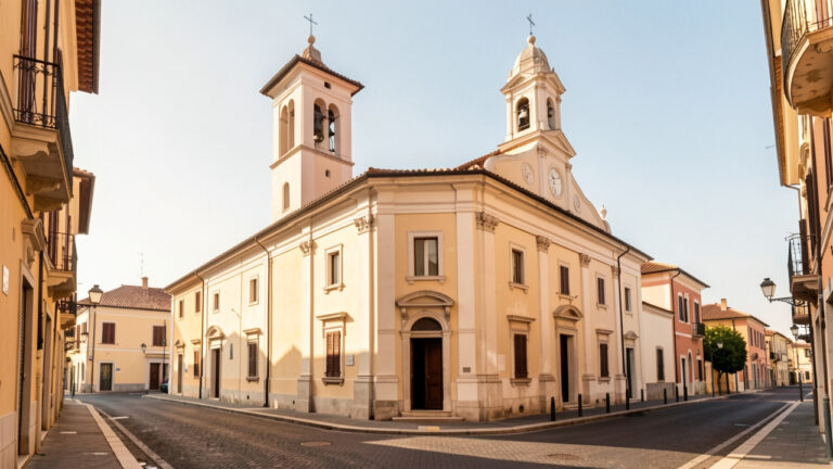 Façade paisible de l’église San Giuseppe à Cesenatico, éclairée par la lumière douce du matin.