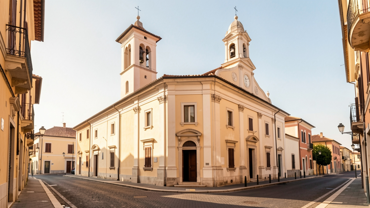 Façade paisible de l’église San Giuseppe à Cesenatico, éclairée par la lumière douce du matin.