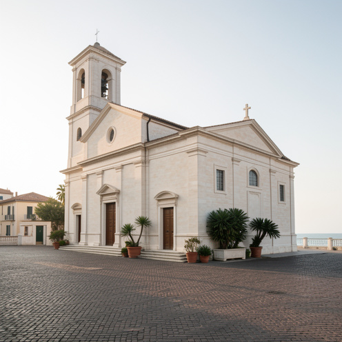 Église historique de Cesenatico sur une place pavée, éclairée par une douce lumière matinale.