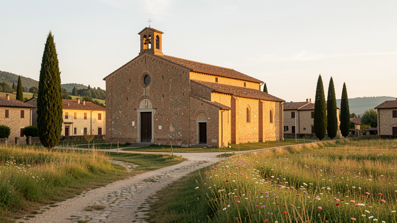 Église historique en briques entourée de champs fleuris et de cyprès dans la campagne romagnole près de Lugo.