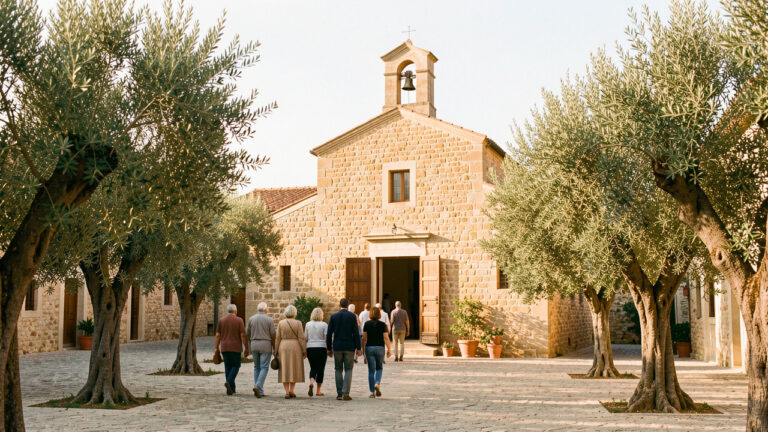 Église paroissiale chaleureuse entourée d’oliviers, avec des paroissiens avançant ensemble vers l’entrée dans la lumière dorée du matin.