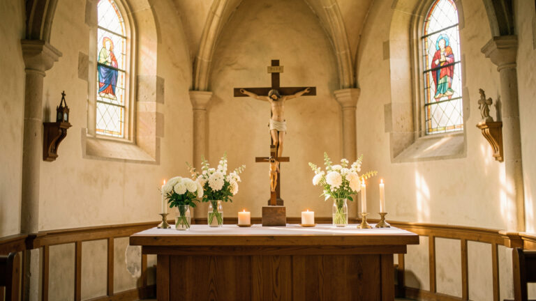 Intérieur paisible d'une église paroissiale avec autel en bois, bougies, crucifix, fleurs blanches et lumière dorée traversant les vitraux.