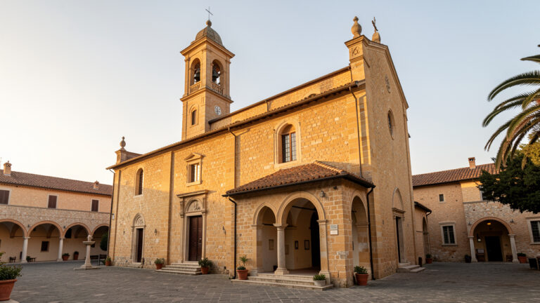 Vue extérieure paisible de l’église historique des Saints-Nicolas-et-François-des-Capucins à Cesenatico, avec sa façade ocre, son clocher et sa cour baignée de lumière dorée.