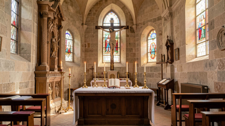 Intérieur paisible de l’église San Giacomo à Cesenatico, avec autel en bois, crucifix sculpté, chandeliers en laiton et lumière douce traversant les vitraux.