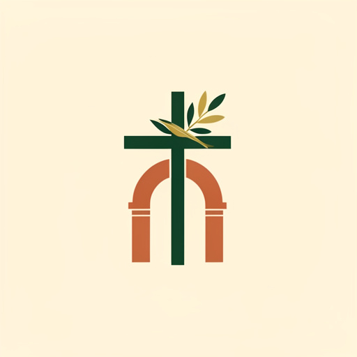 Emblème minimaliste représentant la foi catholique et le patrimoine religieux italien, avec une croix, une branche d’olivier et une arche stylisée dans des tons ivoire, vert, terracotta et doré.
