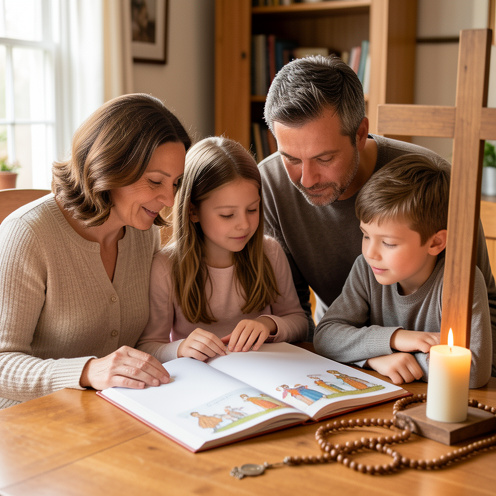 Une famille catholique composée d’une mère, d’un père et de deux enfants étudie ensemble autour d’un livre ouvert aux pages vierges, avec une croix en bois, un chapelet et une bougie dans une maison chaleureuse.