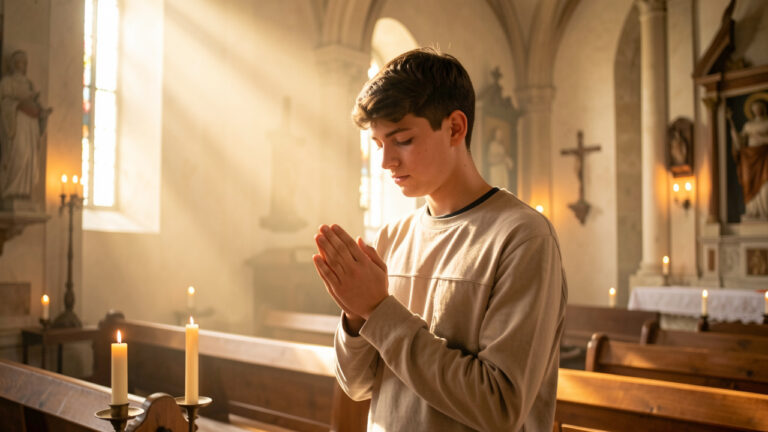 Jeune homme catholique en prière dans une église historique baignée de lumière dorée, évoquant la foi et la dévotion.