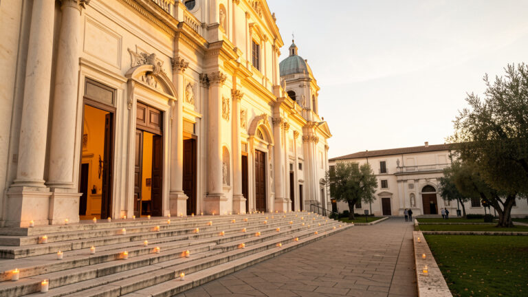 Une basilique catholique historique baignée par la lumière dorée de l’aube, avec des portes ouvertes, des bougies et un chemin paisible évoquant le jubilé et le pèlerinage.