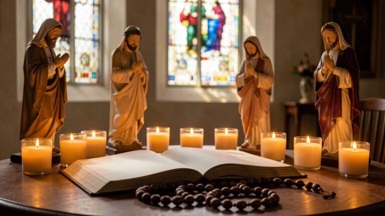 Scène de prière catholique avec un chapelet en bois, des bougies allumées, un livre ouvert aux pages vierges et des statues de saints dans une lumière douce.
