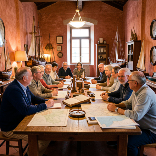 Un groupe intergénérationnel d’hommes et de femmes échange dans une salle maritime historique de Cesenatico, entouré de cartes anciennes et d’objets nautiques artisanaux.