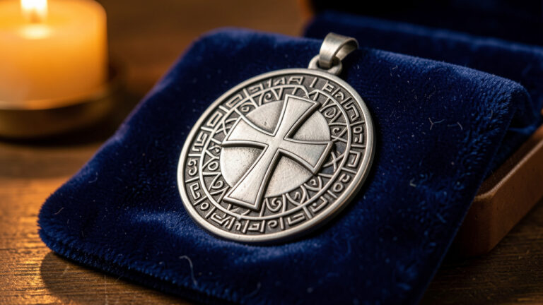 Médaille dévotionnelle argentée inspirée de saint Benoît, ornée d'une croix en relief et de motifs géométriques, posée sur un velours bleu profond à la lumière d'une bougie.