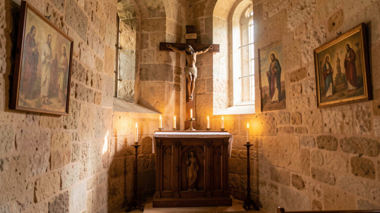Intérieur paisible d’un ancien oratoire catholique dédié à Saint Jacques, avec un petit autel en bois, un crucifix sculpté et des bougies allumées.