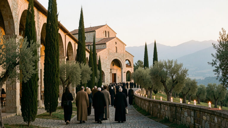 Sanctuaire marial italien au lever du jour, entouré de cyprès, d’oliviers et de montagnes, avec des pèlerins avançant paisiblement vers la chapelle.