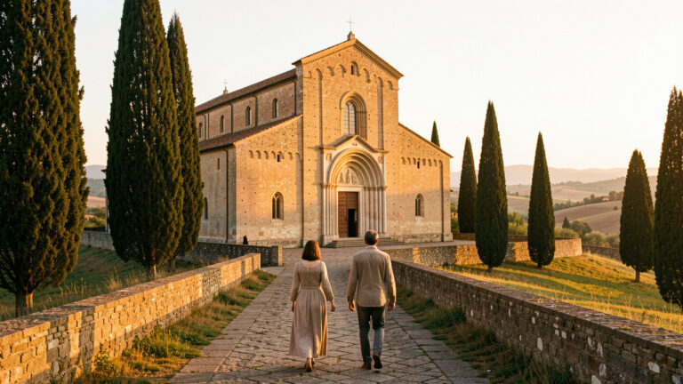 Un homme et une femme avancent sur un ancien chemin de pierre vers une église jubilaire italienne baignée par la lumière dorée du lever du soleil.
