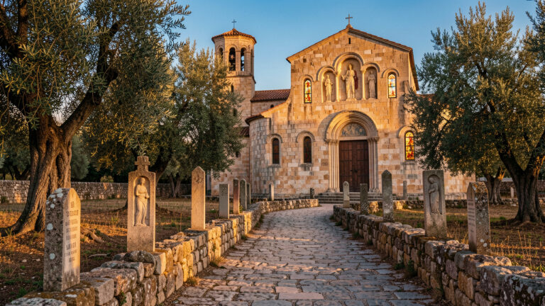 Ancien chemin de pèlerinage menant vers une église romane dédiée à saint Étienne, entourée d’oliviers et éclairée par des vitraux.
