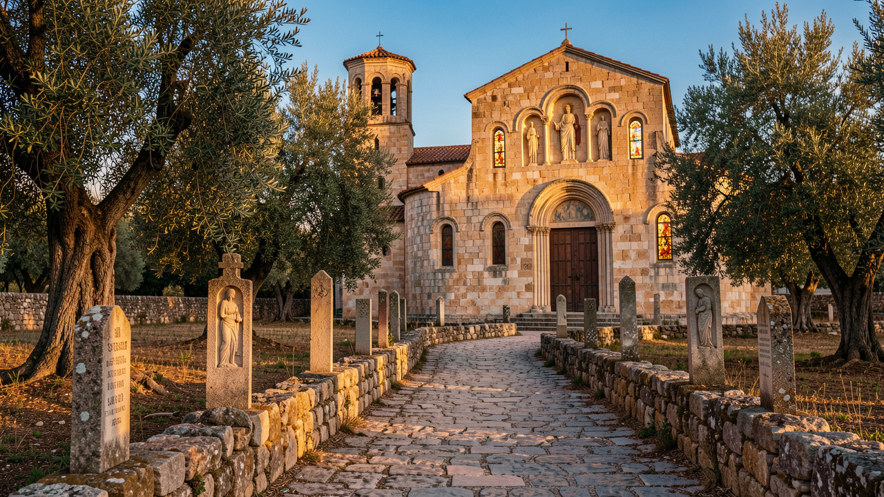 Ancien chemin de pèlerinage menant vers une église romane dédiée à saint Étienne, entourée d’oliviers et éclairée par des vitraux.