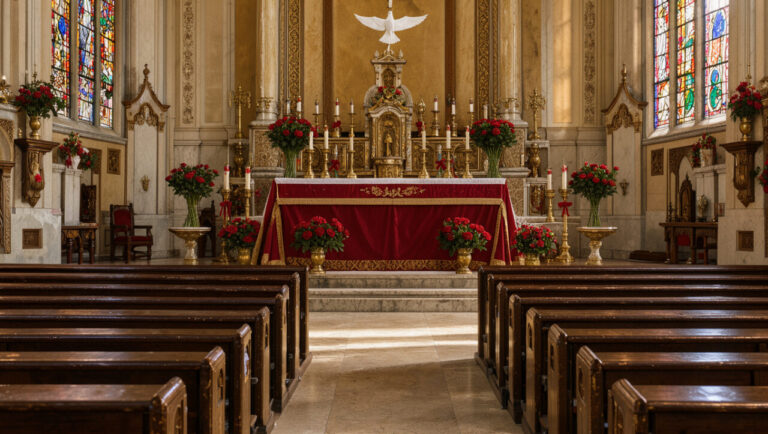 Intérieur lumineux d’une église catholique italienne décorée de rouge et d’or pour la Pentecôte, avec une colombe blanche symbolique au-dessus de l’autel.