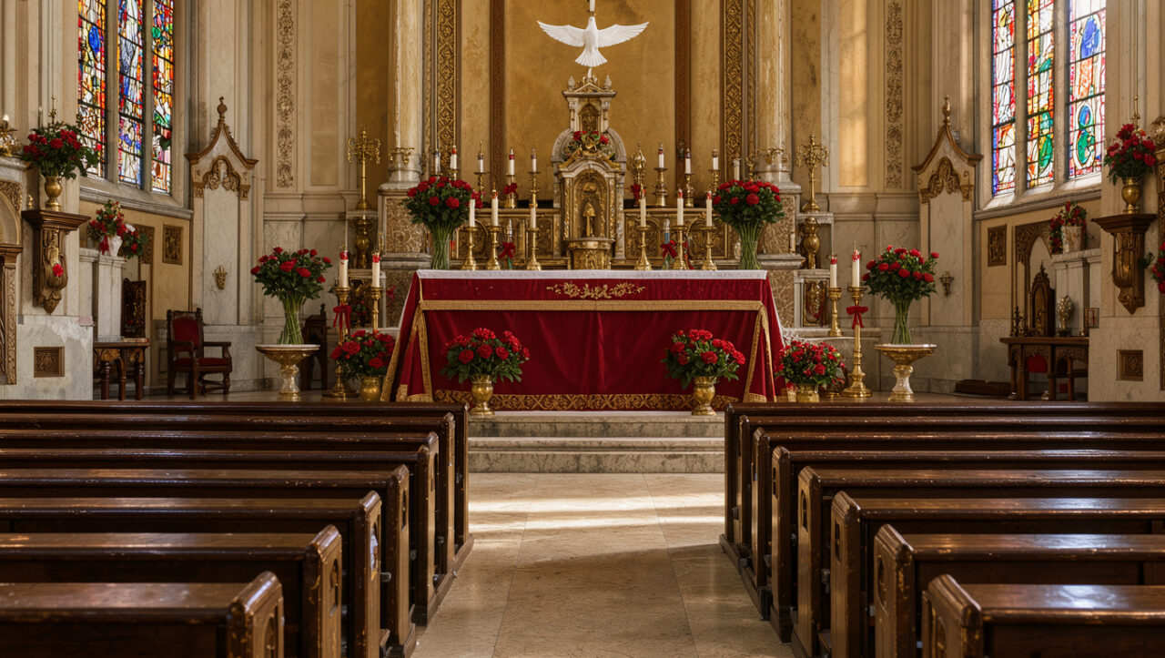 Intérieur lumineux d’une église catholique italienne décorée de rouge et d’or pour la Pentecôte, avec une colombe blanche symbolique au-dessus de l’autel.