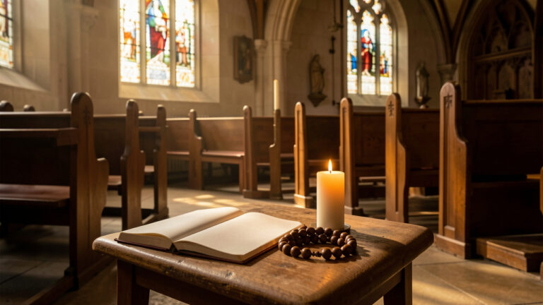 Intérieur paisible d’une église avec un carnet ouvert aux pages vierges, un chapelet en bois et une bougie allumée sur un prie-Dieu.
