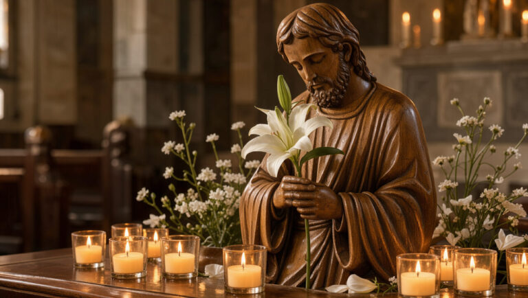 Statue de saint Joseph tenant un lys, entourée de bougies allumées et de fleurs blanches dans une église paisible.