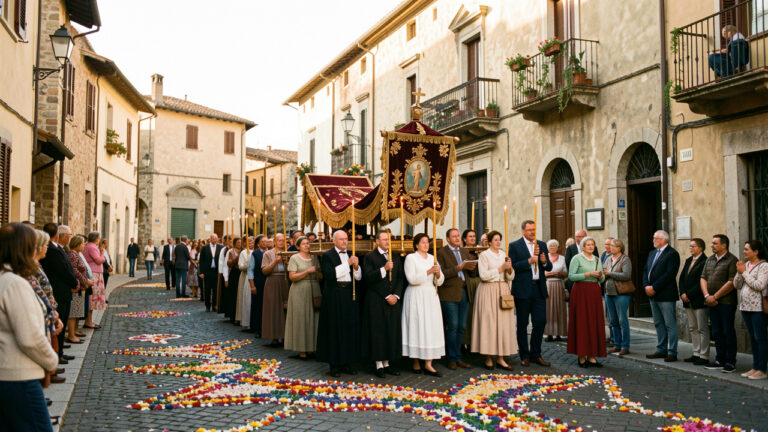 Procession solennelle du Corpus Domini dans un village italien, avec des femmes et des hommes portant un dais décoré, des bougies et des motifs de pétales de fleurs sur les pavés.