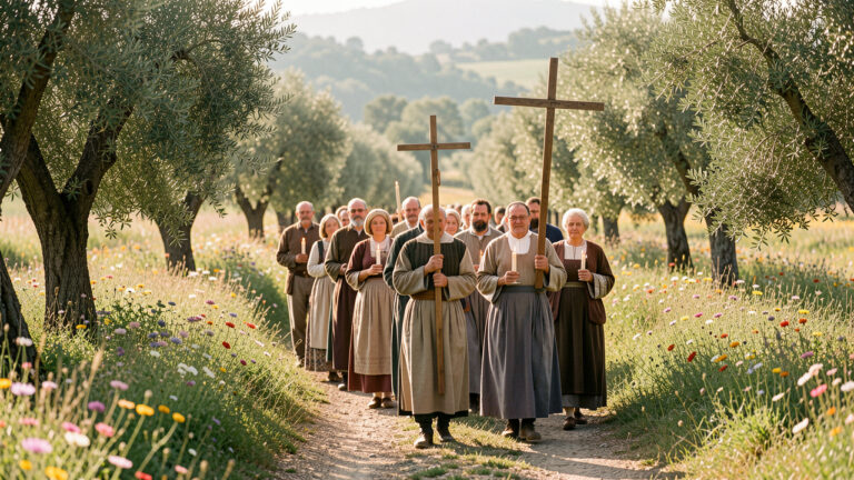 Processione cattolica rurale tra i campi della campagna italiana, con candele e una semplice croce di legno in un’atmosfera serena e raccolta.