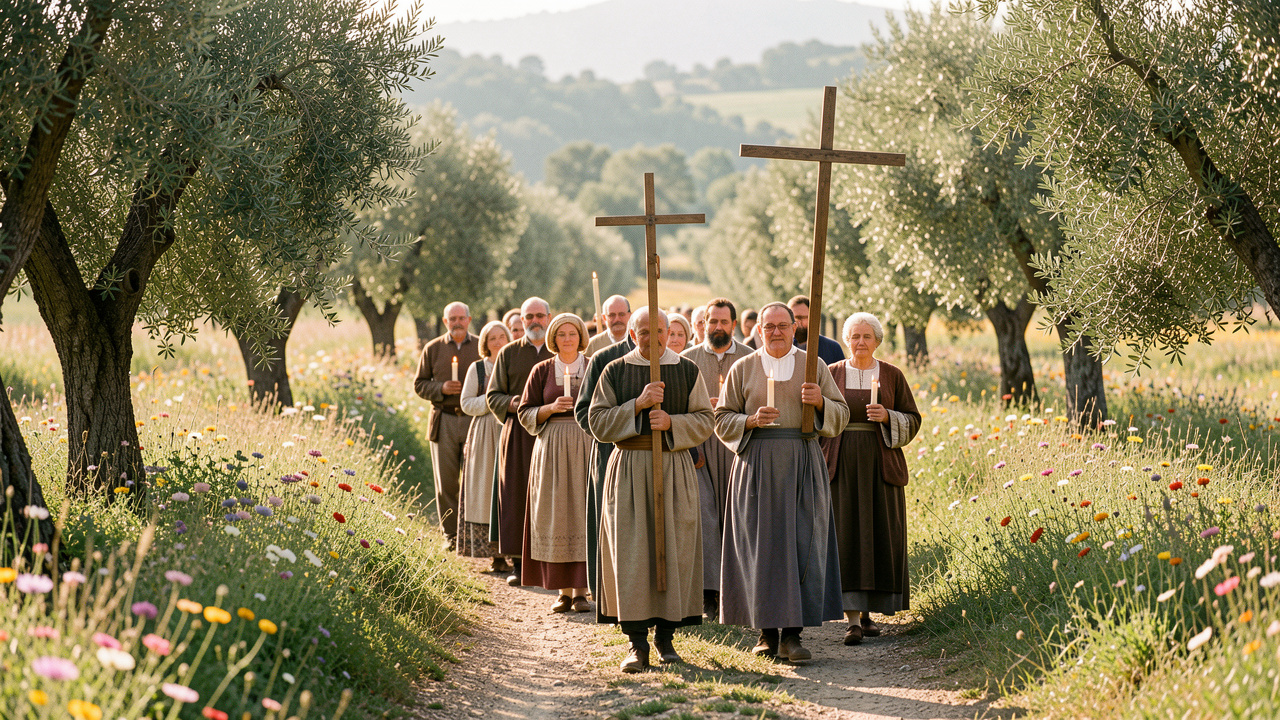 Processione cattolica rurale tra i campi della campagna italiana, con candele e una semplice croce di legno in un’atmosfera serena e raccolta.