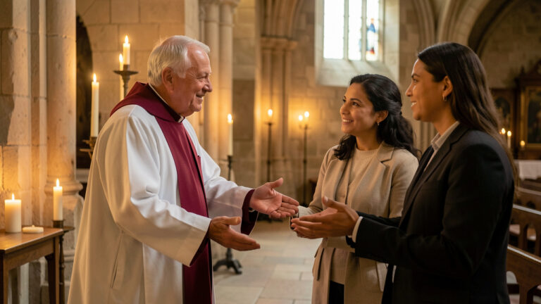 Un évêque chrétien ancien accueille deux croyants dans une basilique éclairée à la bougie, symbolisant la foi, le pardon et la réconciliation.