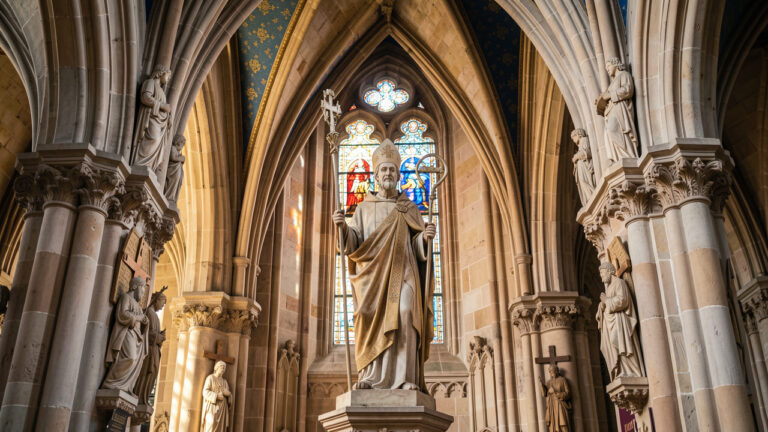 Statue en pierre de saint Denis tenant une crosse dans une majestueuse cathédrale gothique, éclairée par des vitraux et entourée de symboles religieux sculptés.