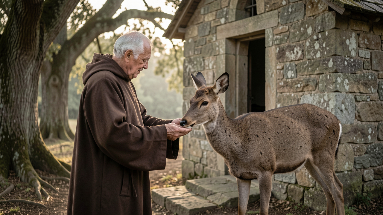 Saint Gilles, représenté comme un moine âgé en robe brune, bénissant un cerf près d’une chapelle en pierre dans une atmosphère paisible et spirituelle.