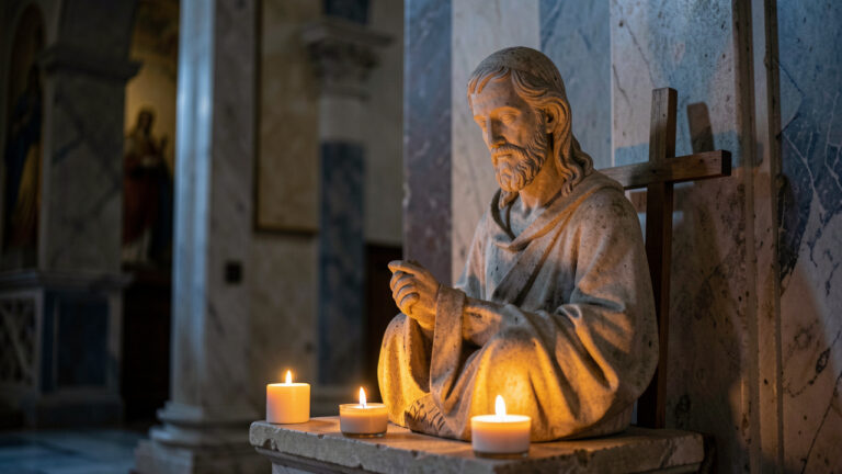 Statue sereine représentant saint Lazare, éclairée par des bougies votives dans l’atmosphère recueillie d’une ancienne église catholique italienne.
