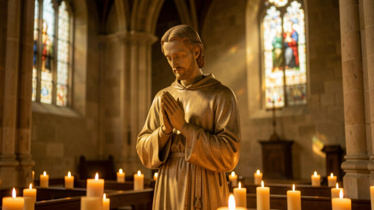 Statue de saint Louis en prière dans une cathédrale historique, entourée de bougies votives et éclairée par une douce lumière dorée.