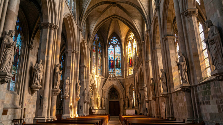 Intérieur paisible de la cathédrale historique de Saint-Malo, avec architecture gothique bretonne, statues de saints en pierre et lumière colorée des vitraux.