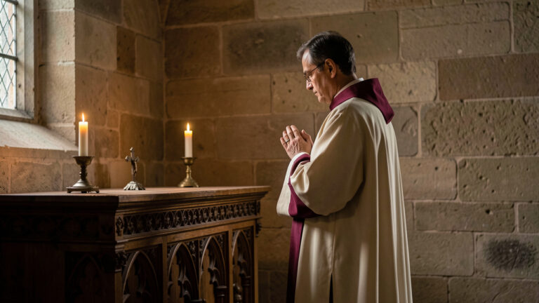 Représentation sobre d’un saint catholique masculin priant près d’un autel en bois dans une chapelle éclairée par des bougies.