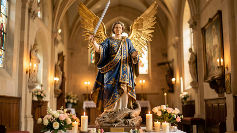 Statue de saint Michel Archange dans une église catholique, entourée de bougies et de fleurs, dans une lumière dorée