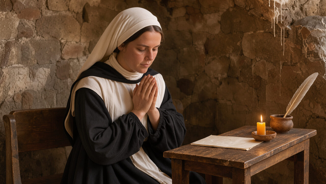 Portrait évocateur de sainte Catherine de Sienne en habit dominicain, en prière dans une chambre médiévale éclairée à la bougie.