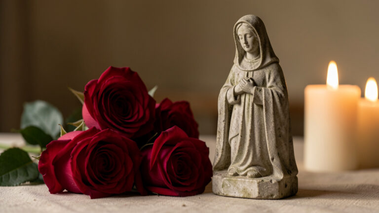 Nature morte religieuse avec des roses rouges près d’une statue en pierre représentant sainte Rita de Cascia, éclairée par une douce lumière de bougie.
