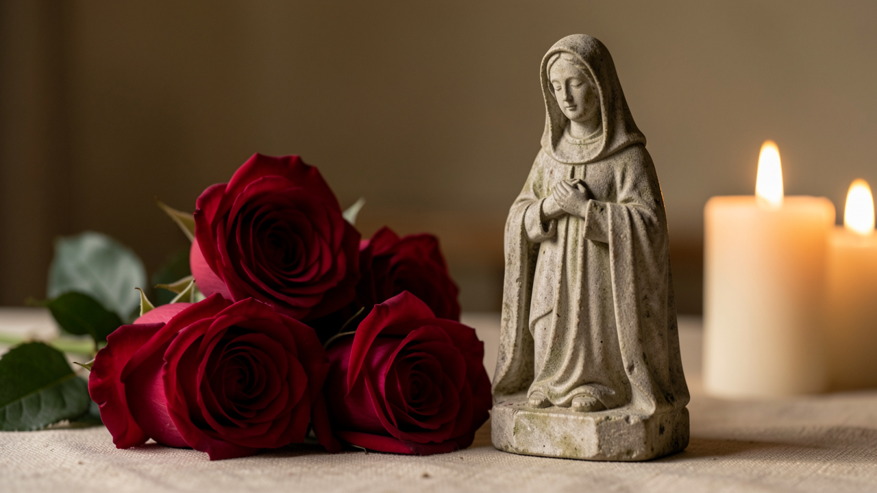 Nature morte religieuse avec des roses rouges près d’une statue en pierre représentant sainte Rita de Cascia, éclairée par une douce lumière de bougie.