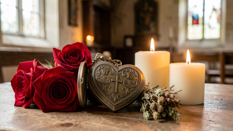 Natura morta romantica con un medaglione a forma di cuore, rose rosse, candele color avorio ed erbe essiccate in una cappella storica