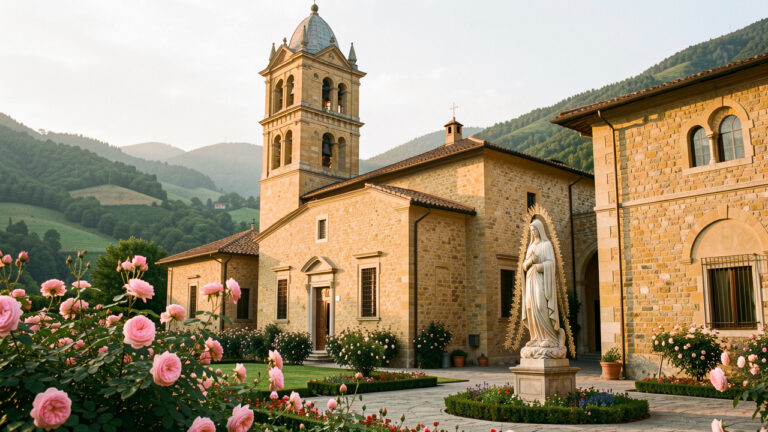 Sanctuaire marial italien en pierre dorée, entouré de collines verdoyantes et de roses, baigné par la lumière douce de l’aube.