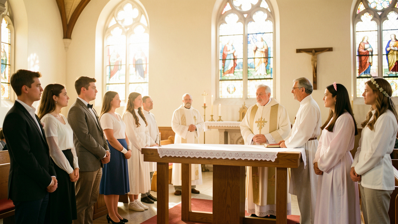 Un garçon et une fille adolescents entourés de leurs parents et de leurs parrains dans une église lumineuse, face à un prêtre près de l’autel.