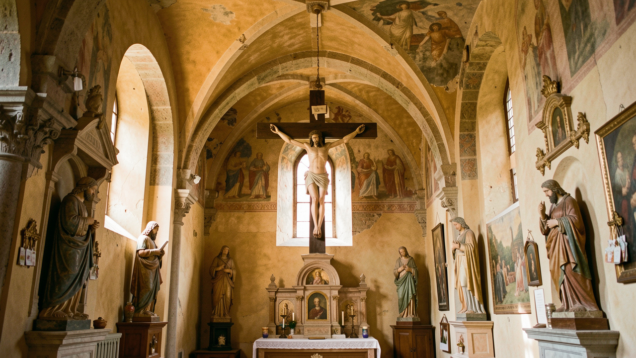 Intérieur d’une église historique de Pérouse présentant un crucifix en bois, des statues dévotionnelles, des fresques anciennes et des détails architecturaux soigneusement conservés.